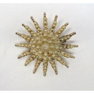 Vintage Starburst Brooch Graduated‎ Imitation Pearls 2" Pin Gold Tone Flower